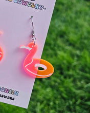 Load image into Gallery viewer, Florescent Pink Flamingo Pool Floatie Earrings