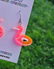 Load image into Gallery viewer, Florescent Pink Flamingo Pool Floatie Earrings