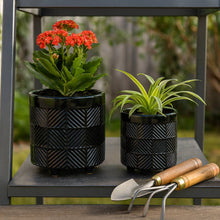 Load image into Gallery viewer, Plant Pot Set of 2 - Black Ceramic Textured Footed, 6/8 in.