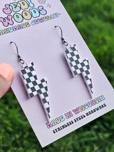 Load image into Gallery viewer, Checkered Flag Acrylic Lightening Bolt Earrings