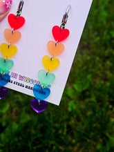 Load image into Gallery viewer, Rainbow Heart Drop Earrings with Gauge Friendly Hardware: Stainless Steel Huggies
