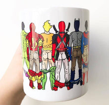 Load image into Gallery viewer, Mugs 'Superhero Butts Circular Round': Mug Colour Inner &amp; Handle 11oz - Black
