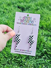 Load image into Gallery viewer, Checkered Flag Acrylic Lightening Bolt Earrings
