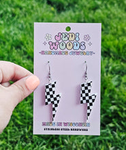 Load image into Gallery viewer, Checkered Flag Acrylic Lightening Bolt Earrings
