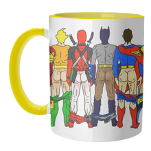 Load image into Gallery viewer, Mugs 'Superhero Butts Circular Round': Mug Colour Inner &amp; Handle 11oz - Black
