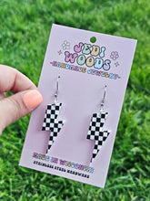 Load image into Gallery viewer, Checkered Flag Acrylic Lightening Bolt Earrings
