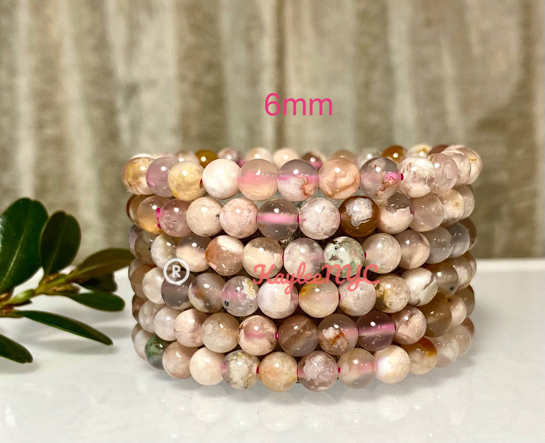 Natural Flower Agate 6mm 7.5” Crystal Stretch Bracelet