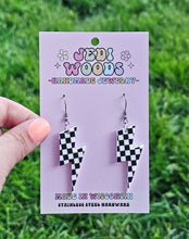 Load image into Gallery viewer, Checkered Flag Acrylic Lightening Bolt Earrings
